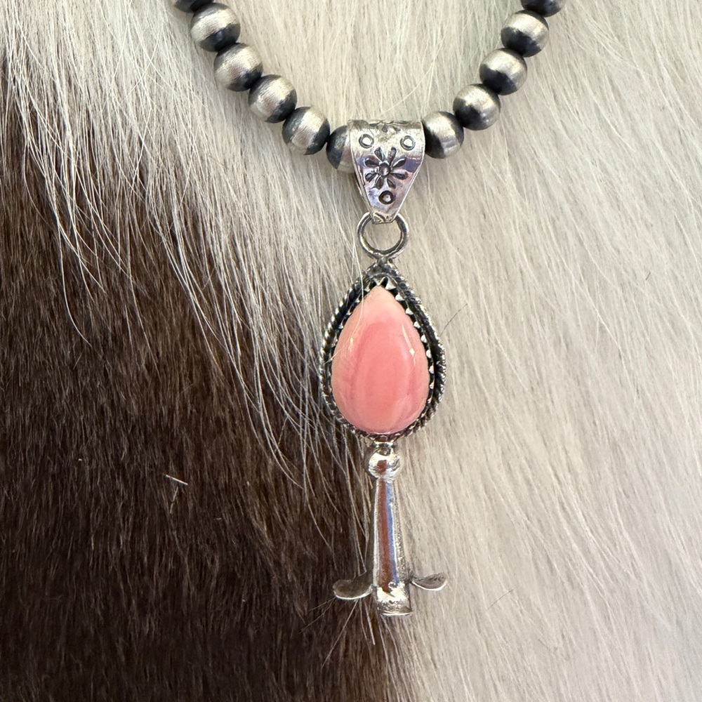 ❤️ Queen Pink Conch Navajo Style Sterling Silver Squash Blossom Pendant 1.89”L